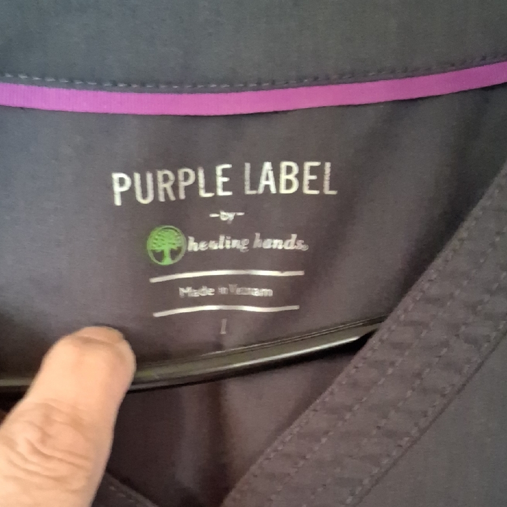 healing hands Purple Label scrub top in dark purple with pink trim